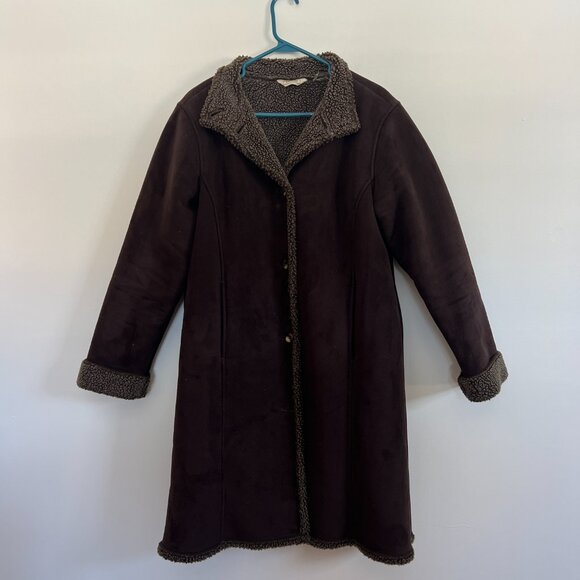 LL Bean Faux Suede Long Sherpa Lined Coat, Medium - Picture 2 of 6